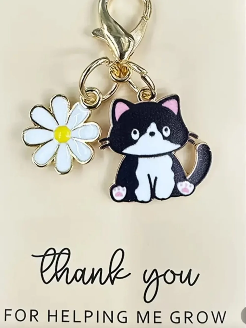 Cute Gray Cat and Daisy Pet Collar Charm - Gold Hardware